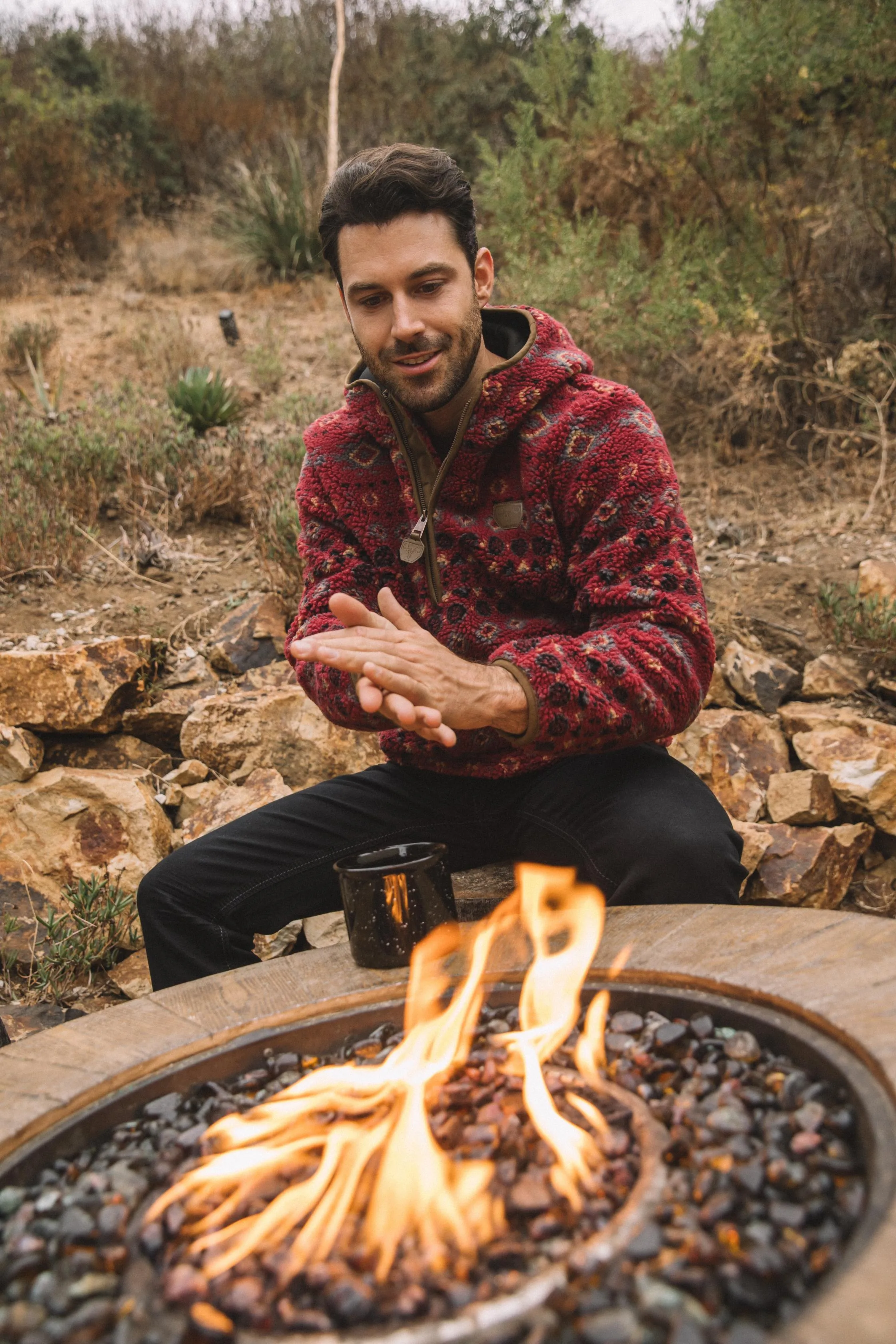 Mens Aztec Sherpa Hooded Pullover - Burgundy