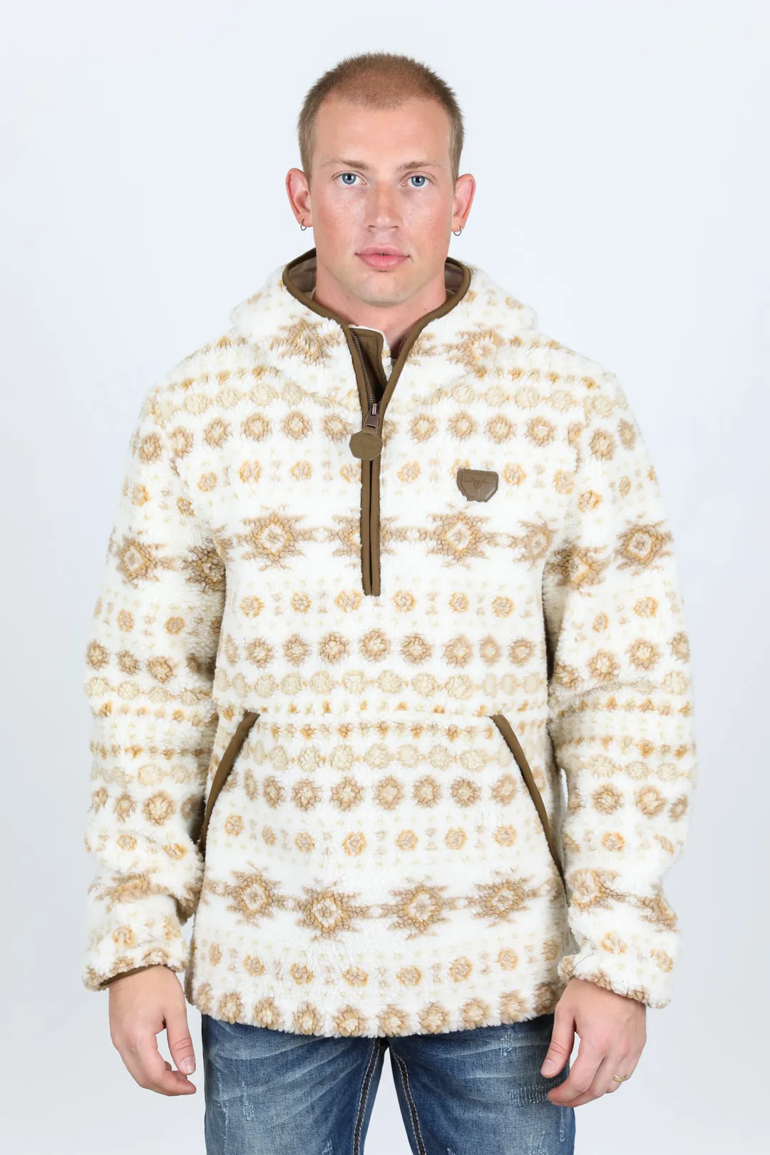 Mens Aztec Sherpa Hooded Pullover - Cream