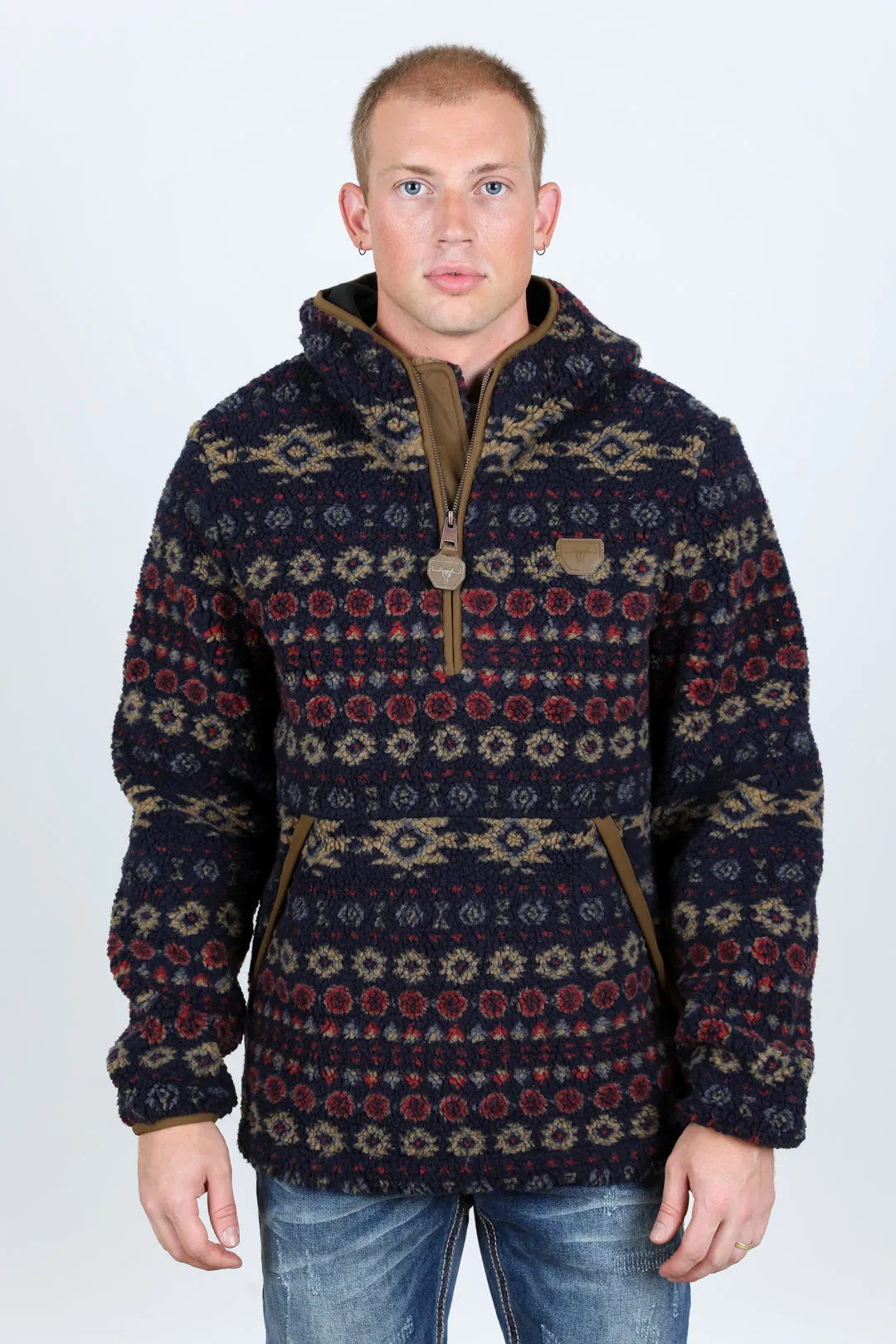 Mens Aztec Sherpa Hooded Pullover - Navy