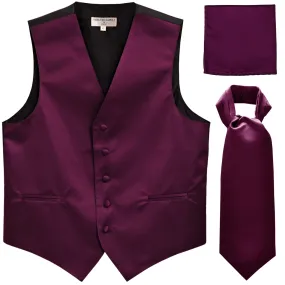 New Men's formal vest Tuxedo Waistcoat ascot hankie set wedding prom eggplant