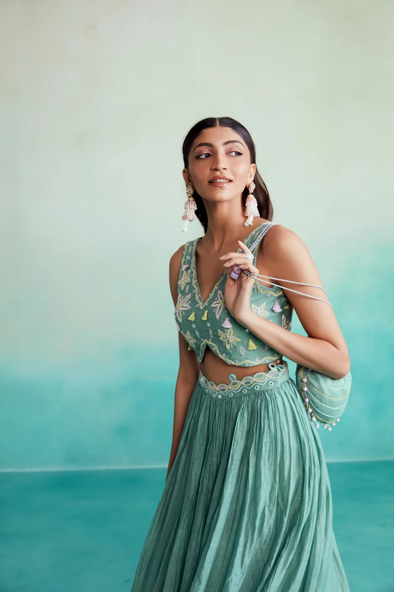 Nilaya skirt top set - Mint Hand embroidered Crop-top Skirt & Dupatta set