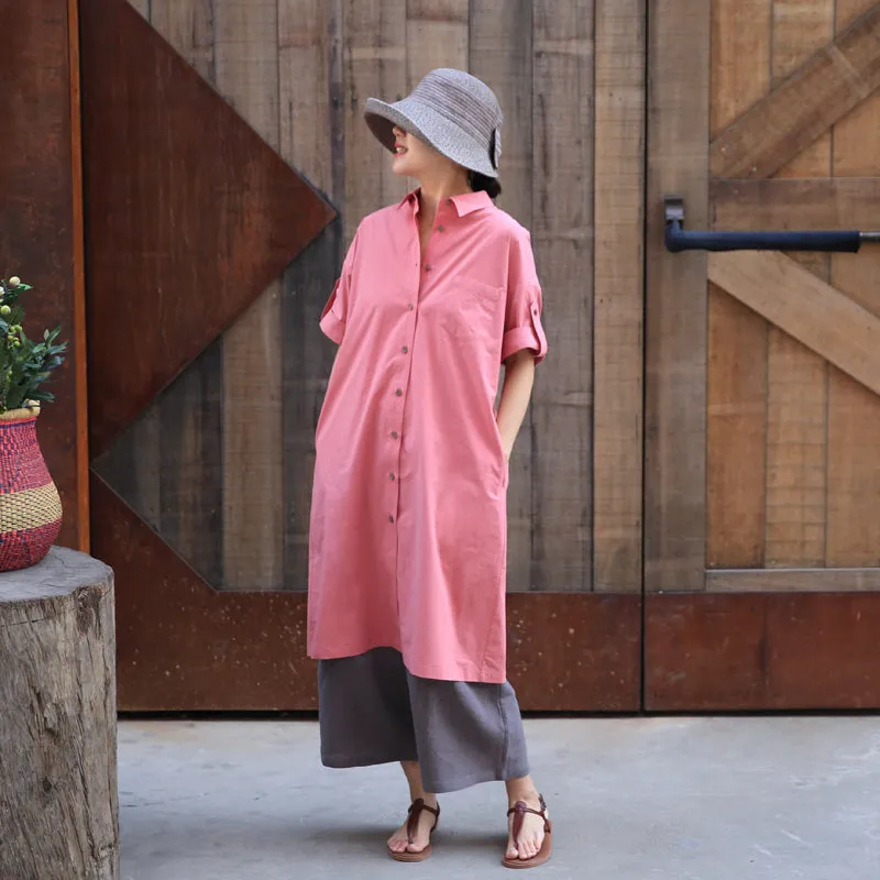 Pink Shirt Dress Button Cotton Casual Summer Midi Over Size Women Dresses Z97299