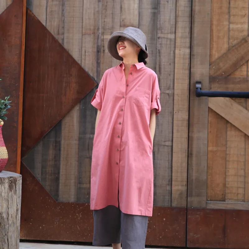 Pink Shirt Dress Button Cotton Casual Summer Midi Over Size Women Dresses Z97299