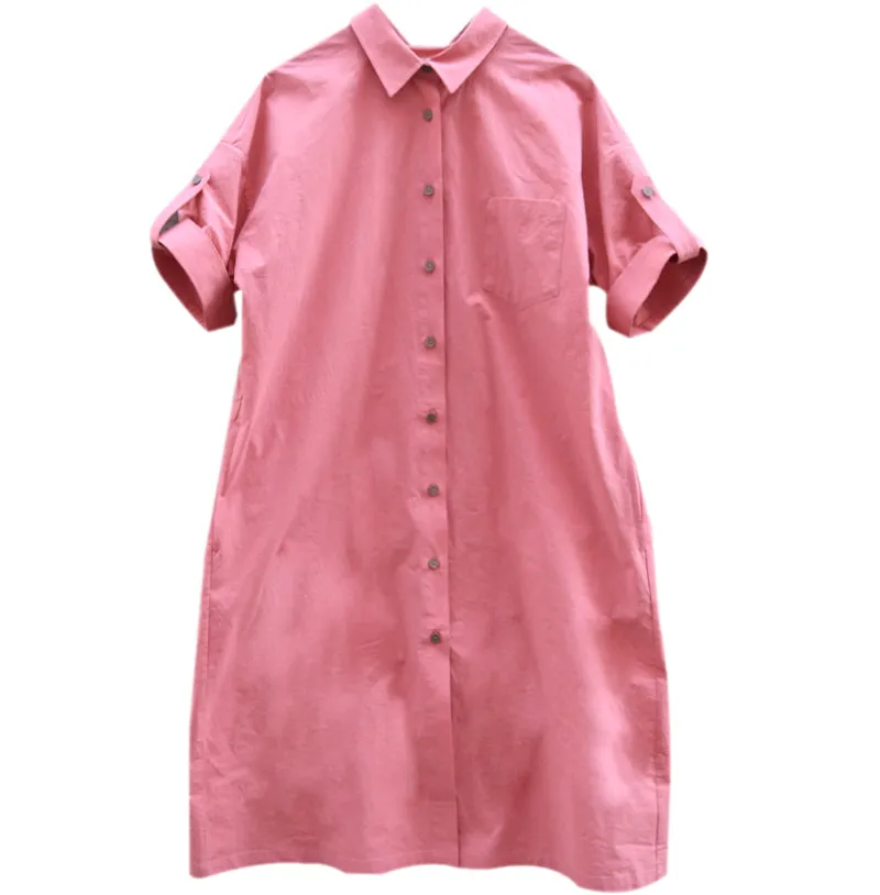 Pink Shirt Dress Button Cotton Casual Summer Midi Over Size Women Dresses Z97299