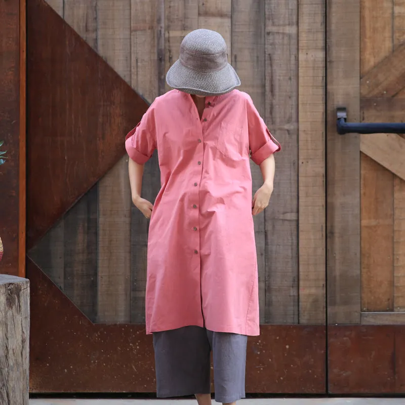 Pink Shirt Dress Button Cotton Casual Summer Midi Over Size Women Dresses Z97299