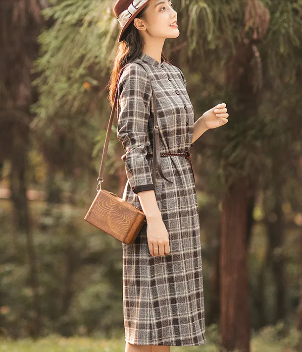 Plaid Summer Cotton Linen Spring Women Dresses QJ05083