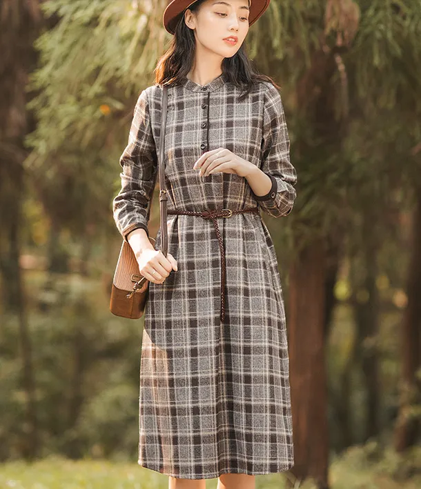 Plaid Summer Cotton Linen Spring Women Dresses QJ05083