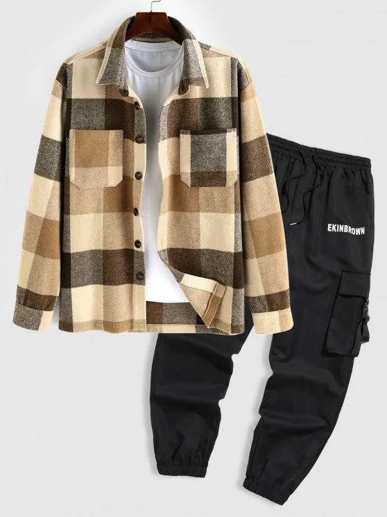 Plaid Wool Shacket And Cargo Pants Set