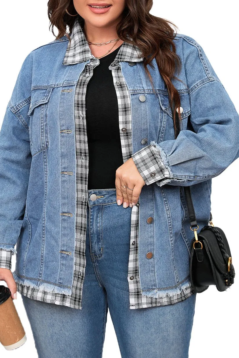 Plus Size Plaid Patchwork Denim Jacket