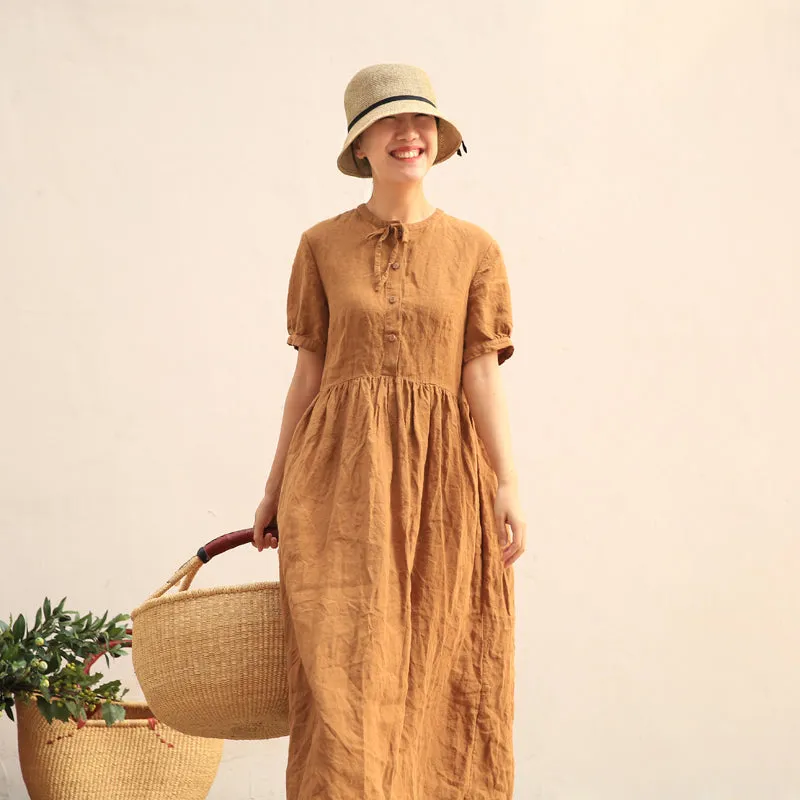 Puff Sleeve Tied Collar Linen Bridemaid Dress Linen Casual Summer Maxi Women Party Dresses Z97294