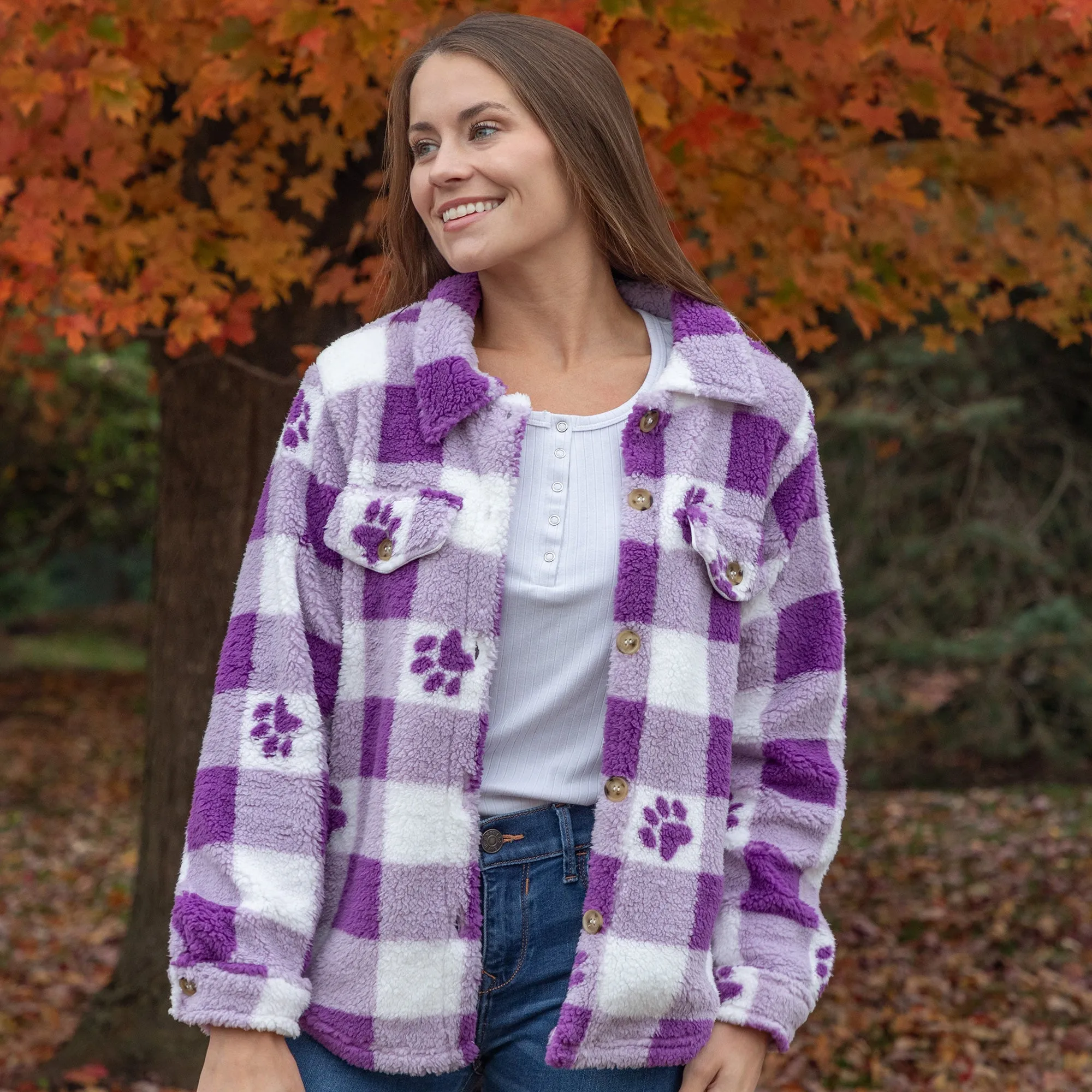 Purple Paws & Plaid Plush Sherpa Fleece Sweater Jacket