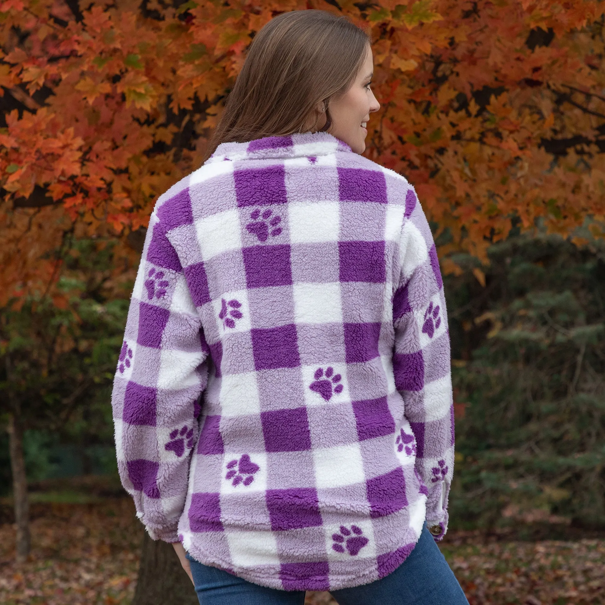 Purple Paws & Plaid Plush Sherpa Fleece Sweater Jacket