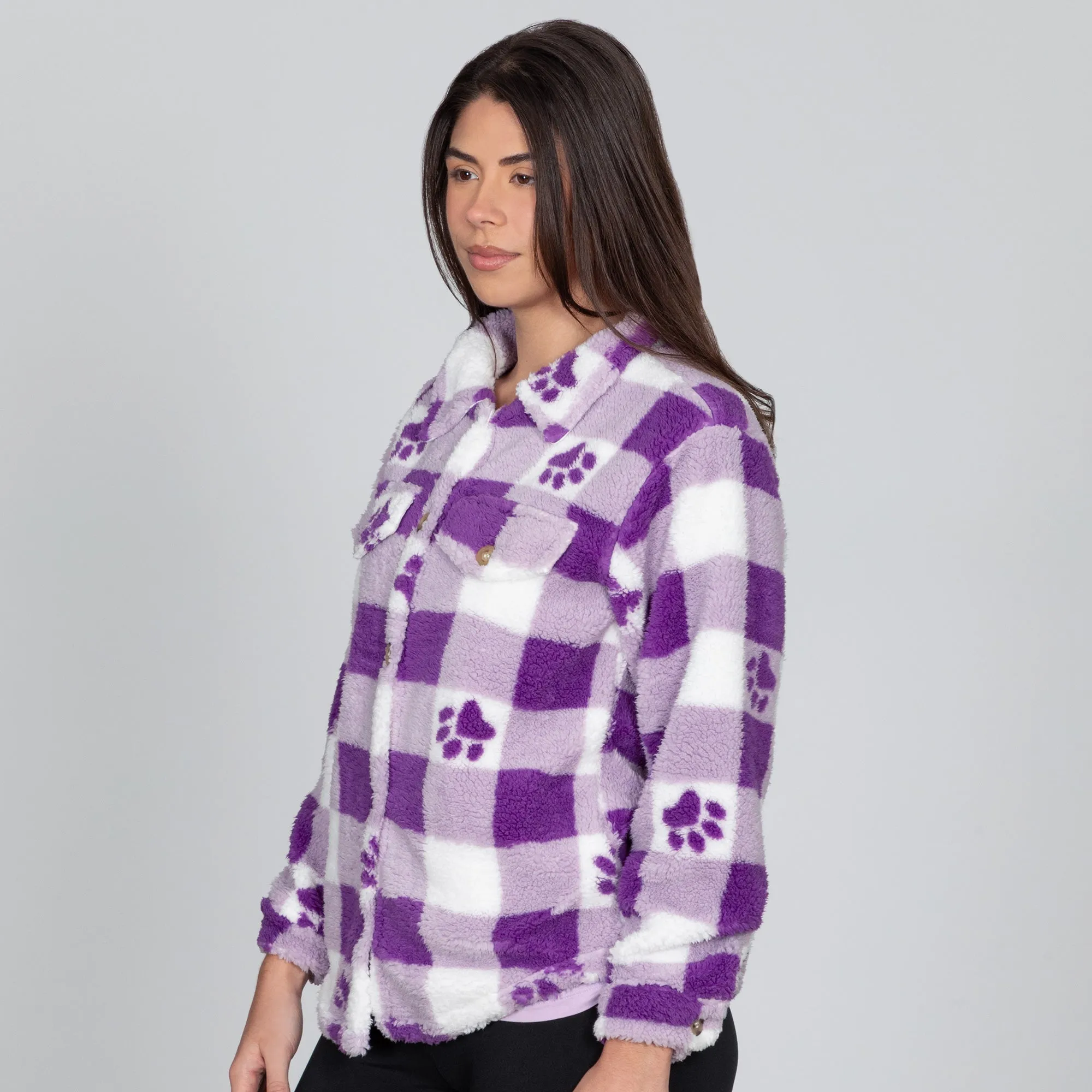 Purple Paws & Plaid Plush Sherpa Fleece Sweater Jacket