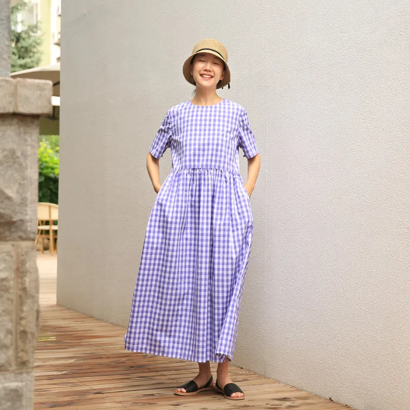 Purple Plaid O Neck Summer Dress Maxi Women Cotton Dresses Z972916