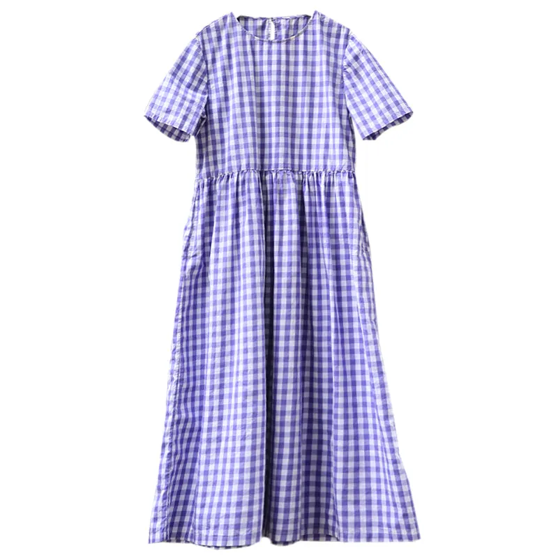 Purple Plaid O Neck Summer Dress Maxi Women Cotton Dresses Z972916