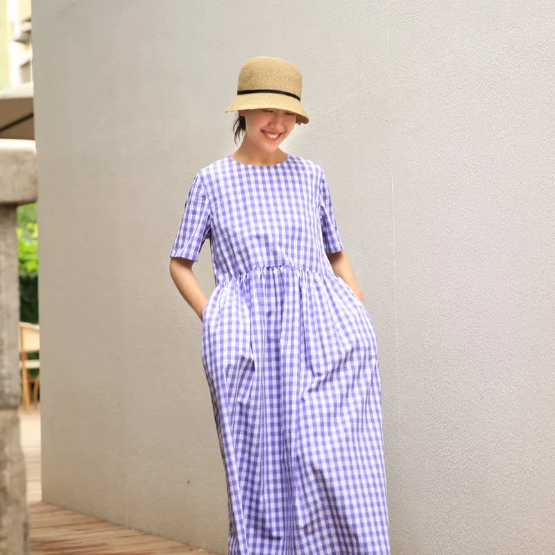 Purple Plaid O Neck Summer Dress Maxi Women Cotton Dresses Z972916