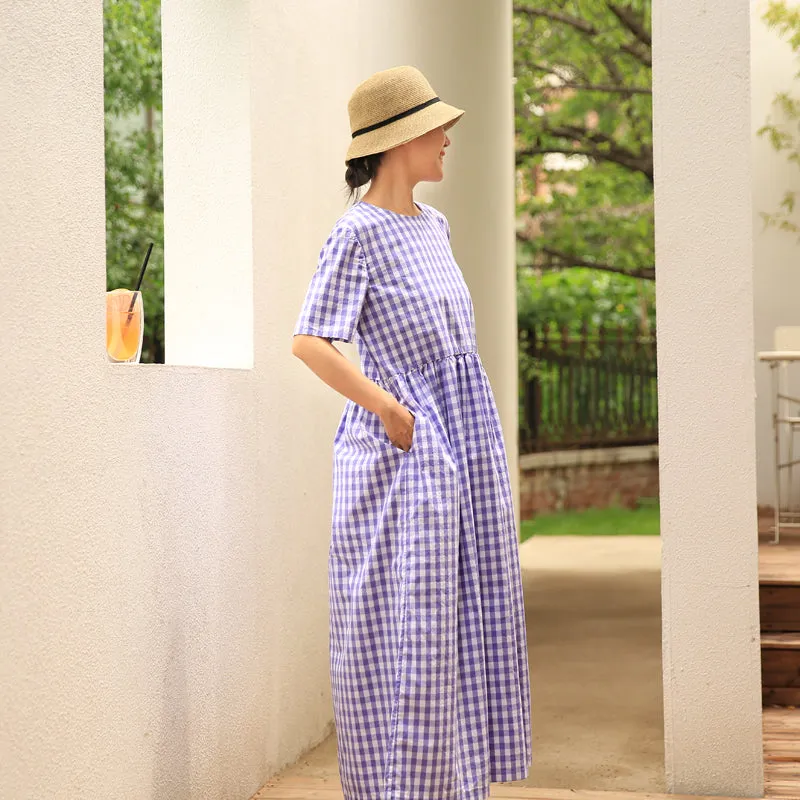 Purple Plaid O Neck Summer Dress Maxi Women Cotton Dresses Z972916