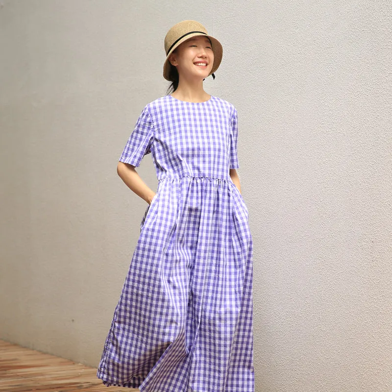 Purple Plaid O Neck Summer Dress Maxi Women Cotton Dresses Z972916