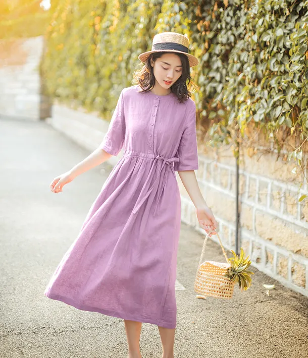 Purple Summer Cotton Linen Spring Women Dresses QJ05077