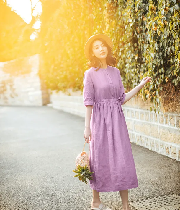 Purple Summer Cotton Linen Spring Women Dresses QJ05077