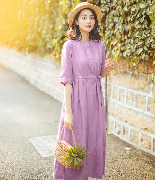 Purple Summer Cotton Linen Spring Women Dresses QJ05077