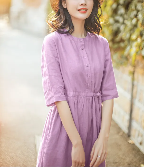 Purple Summer Cotton Linen Spring Women Dresses QJ05077