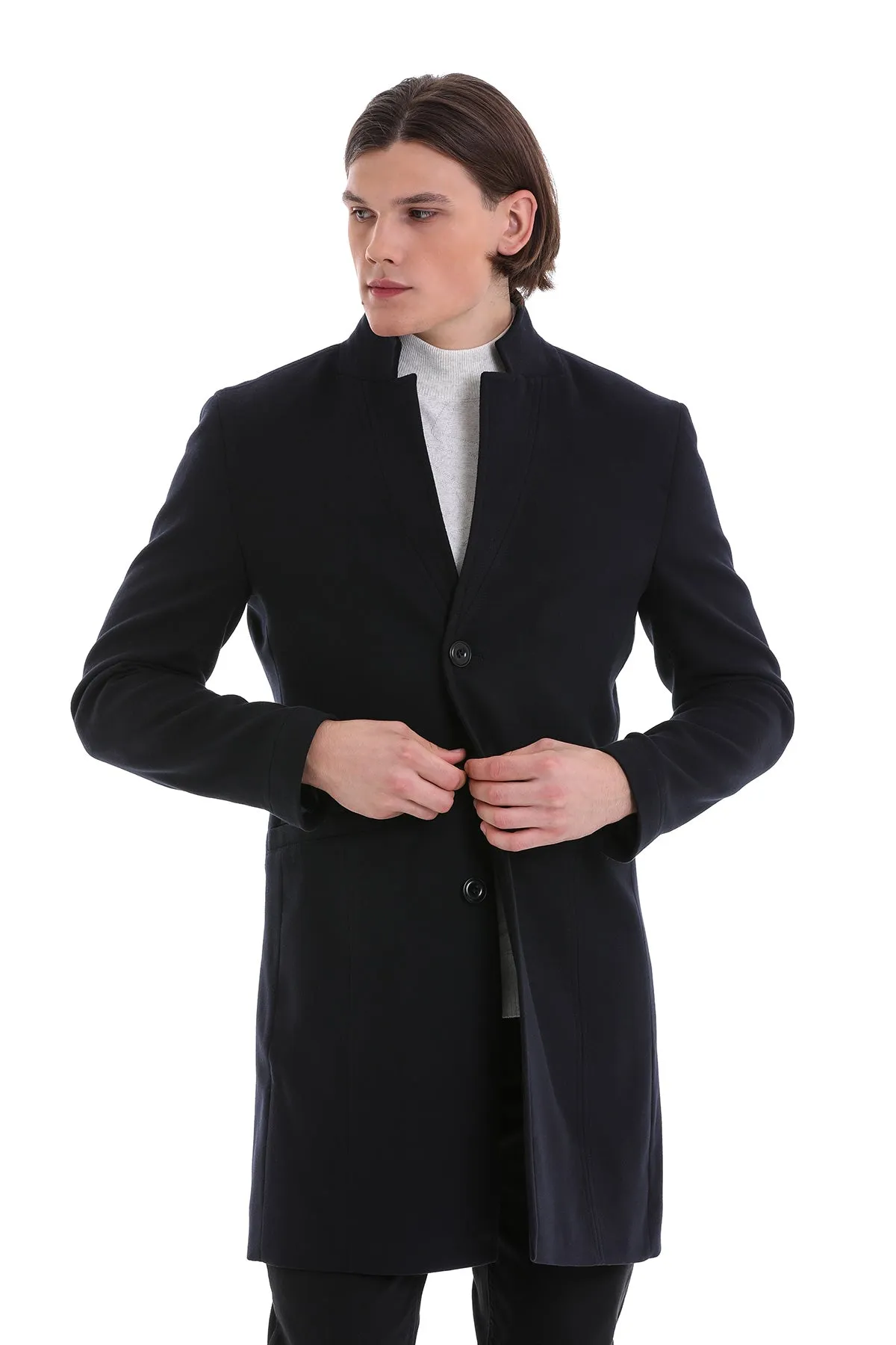 Regular Fit Cachet Notch Lapel Navy Overcoat