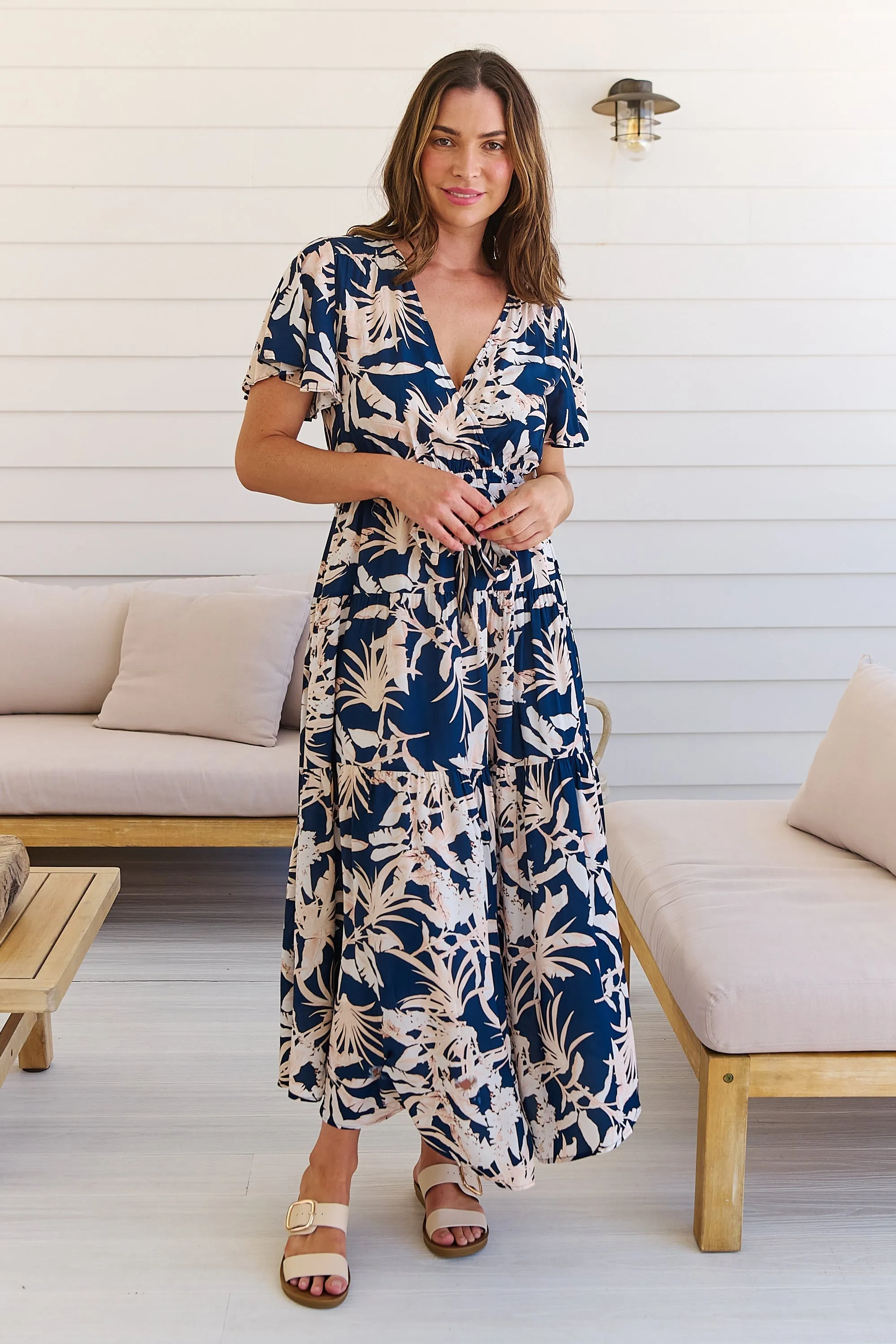 Ridley Floral Navy/Pink/White Cross Over Front Maxi Dress