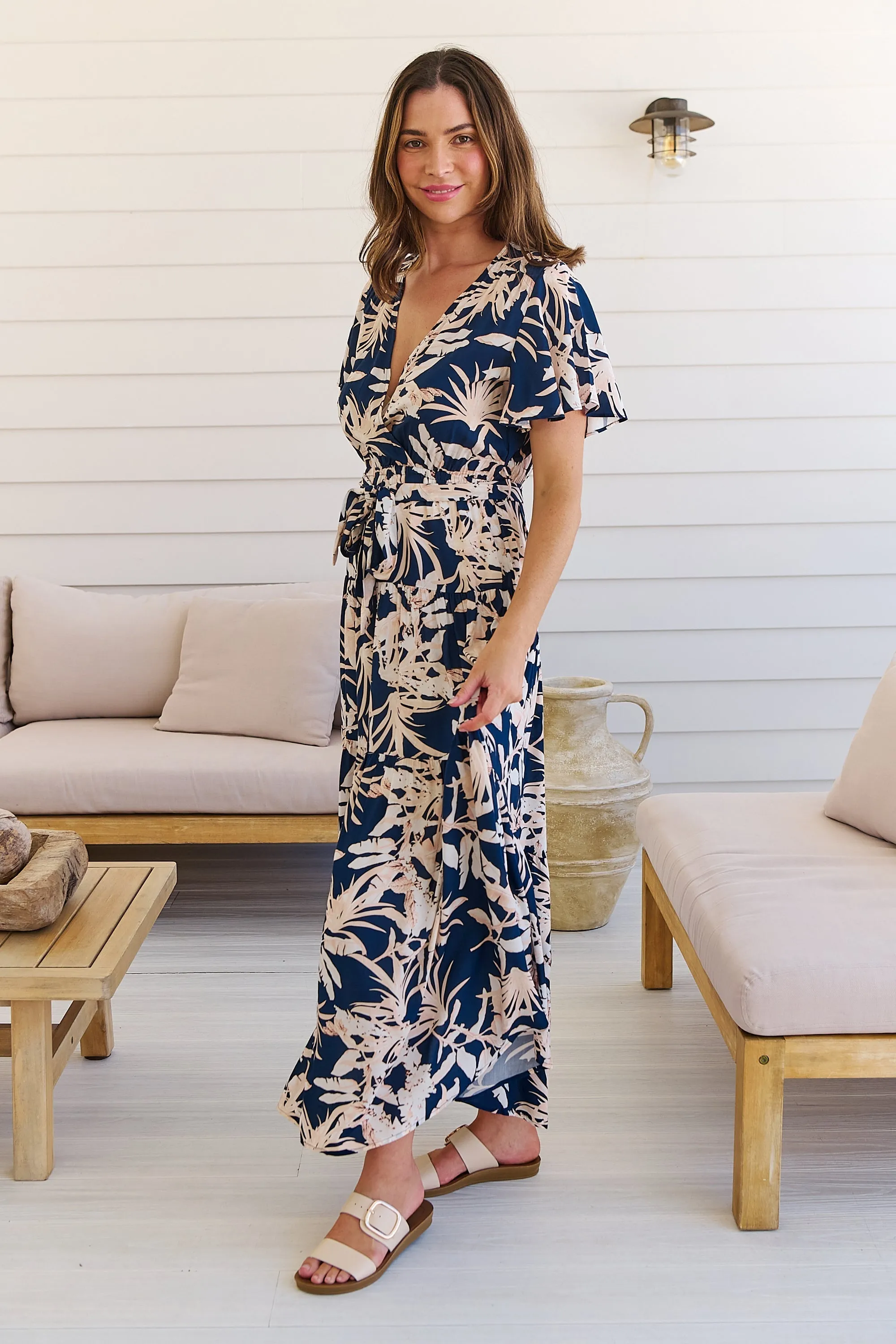 Ridley Floral Navy/Pink/White Cross Over Front Maxi Dress