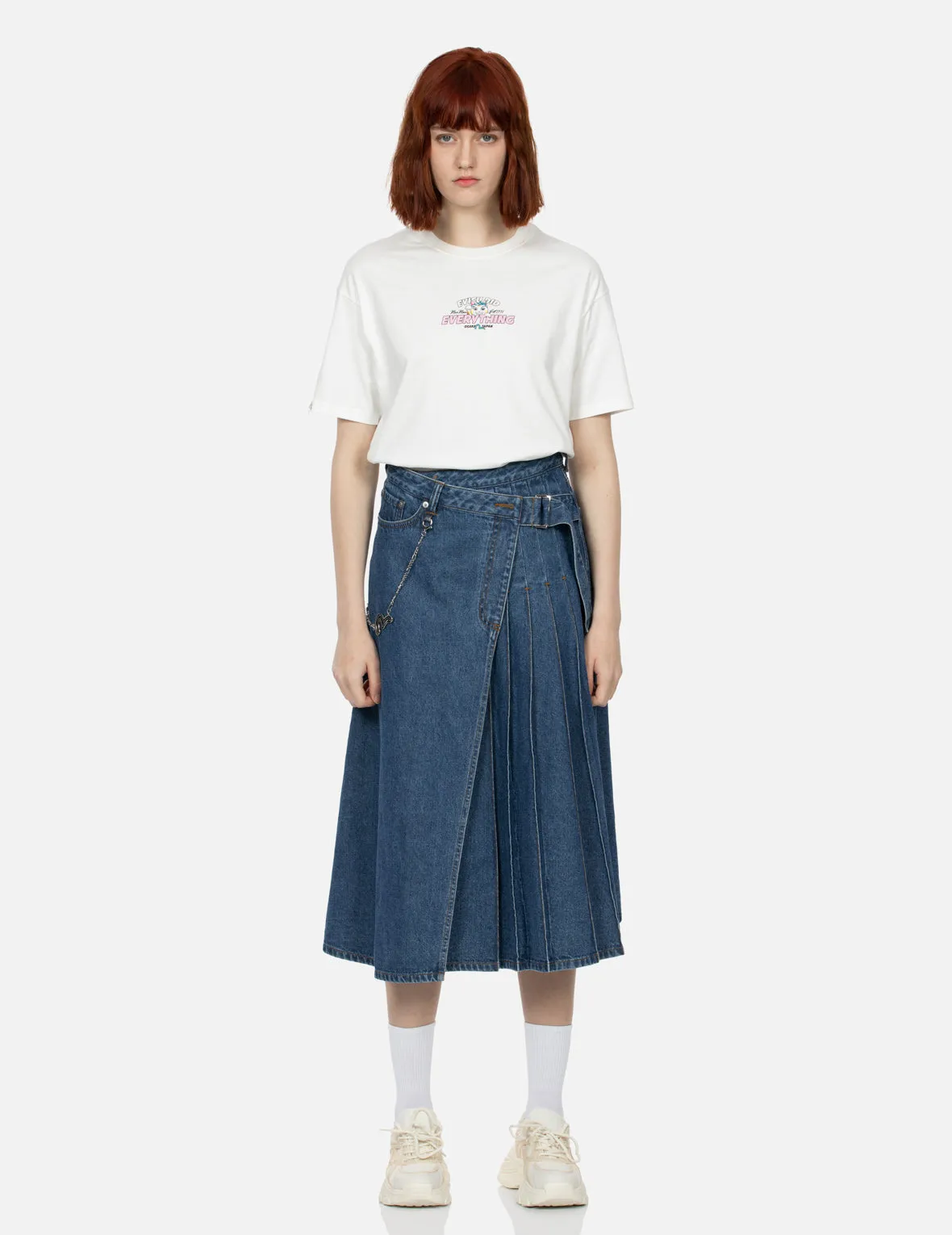 Seagull Print Fashion Fit Denim Pleated Skirt