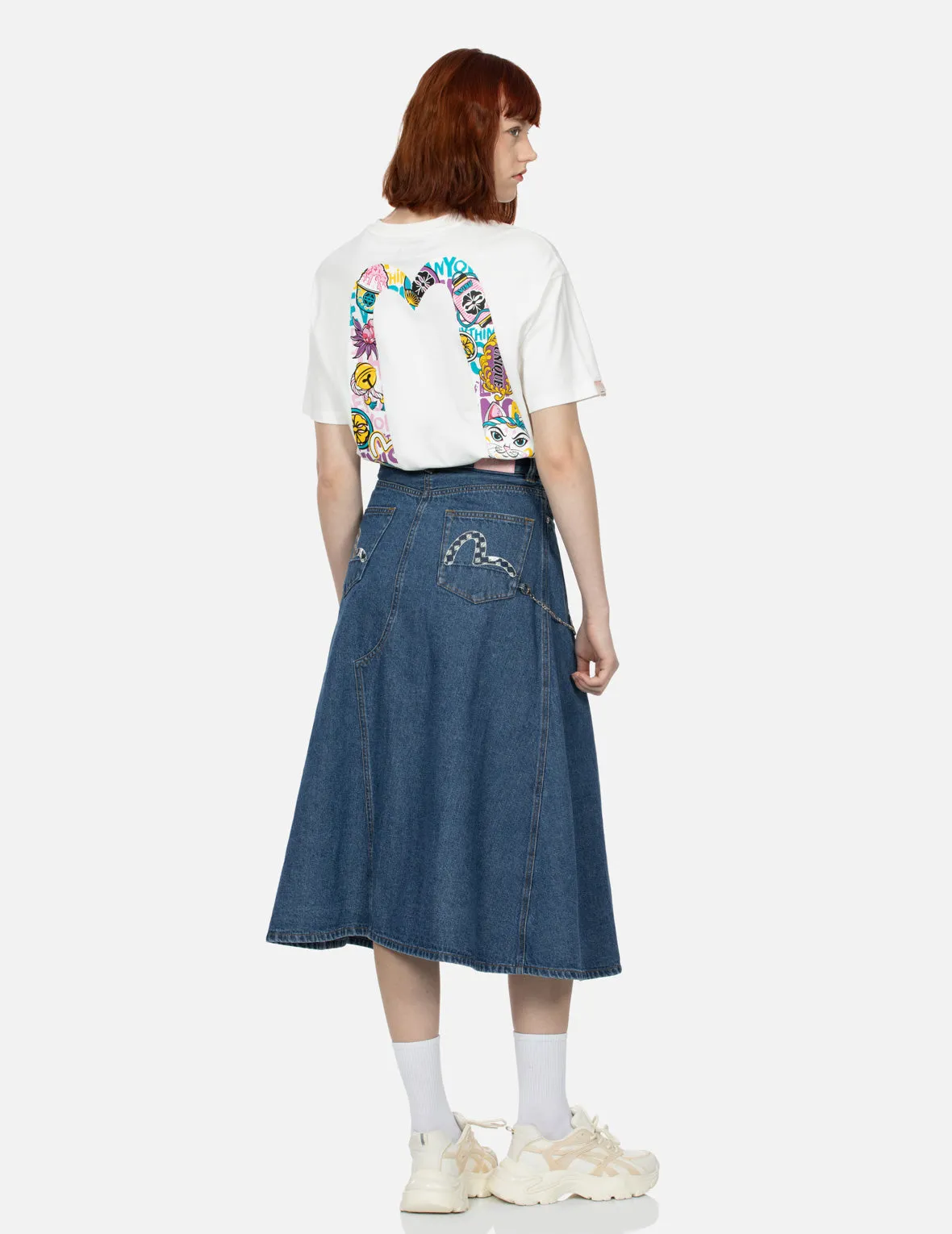 Seagull Print Fashion Fit Denim Pleated Skirt