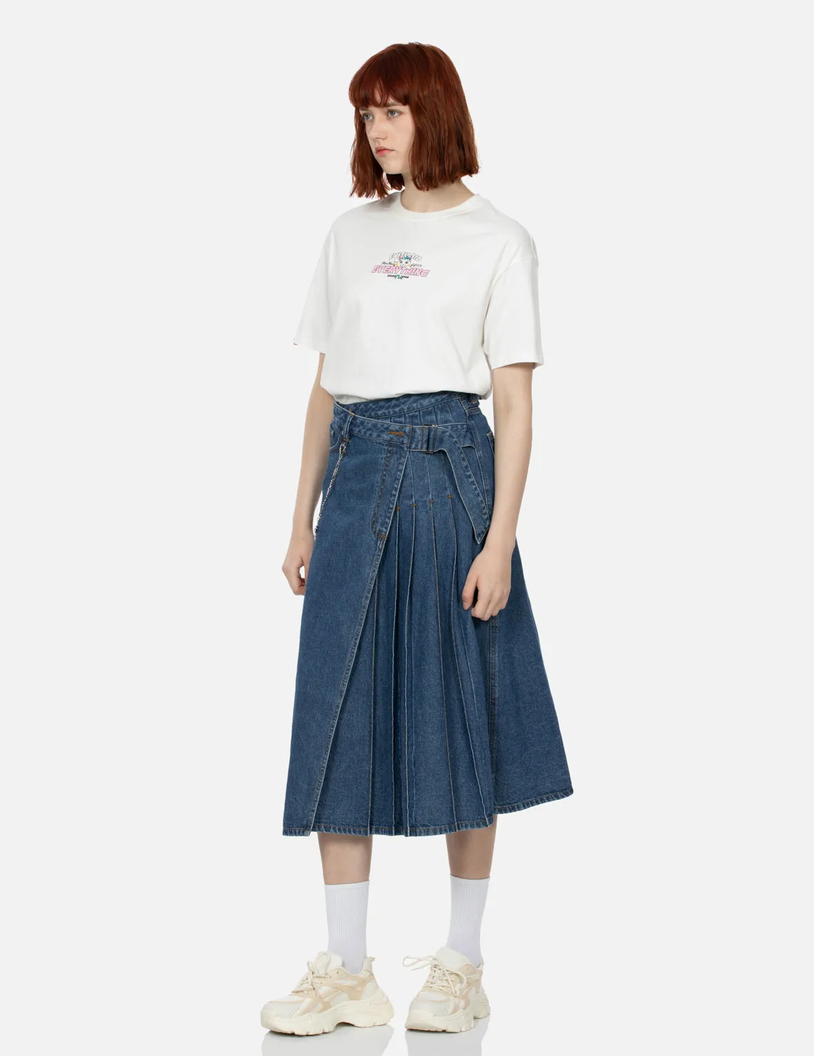 Seagull Print Fashion Fit Denim Pleated Skirt