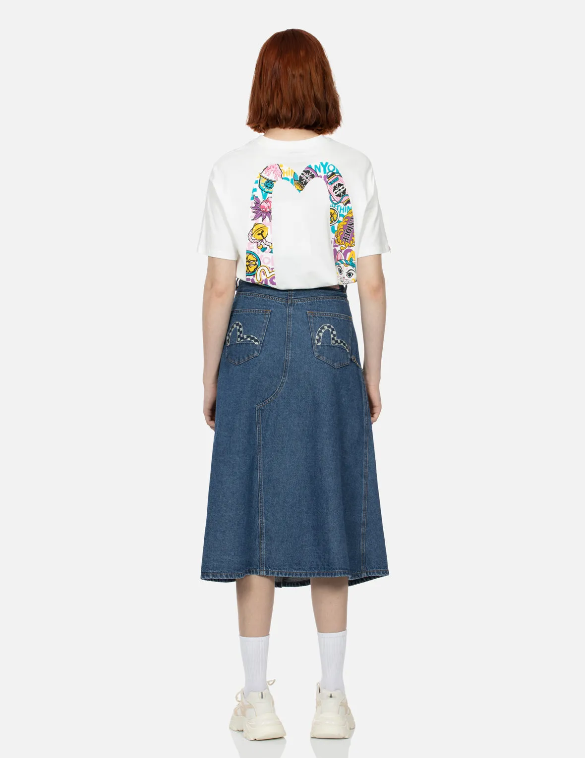 Seagull Print Fashion Fit Denim Pleated Skirt