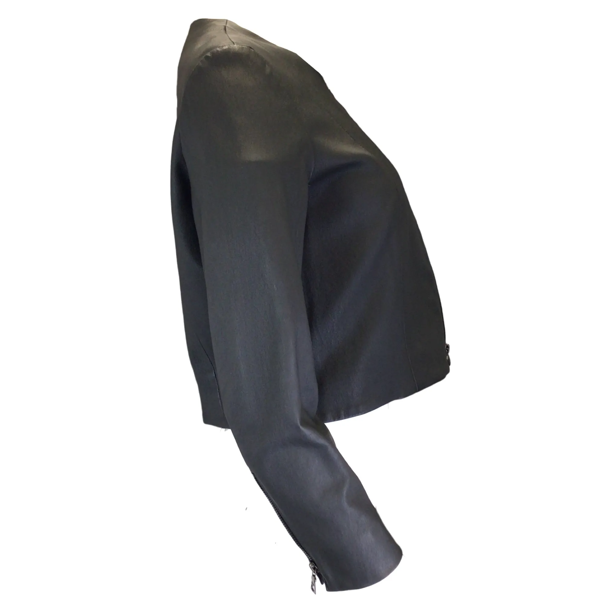 Shari's Place Graphite Cropped Round Neck Full Zip Leather Jacket