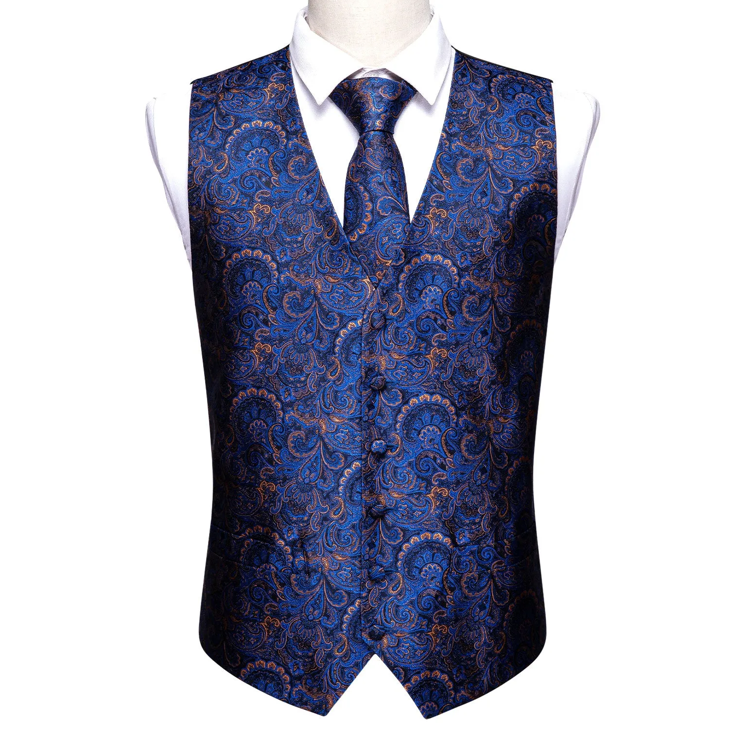 Shining Blue Floral Silk Men's Vest Tie Hanky Cufflinks Set Waistcoat Suit Set