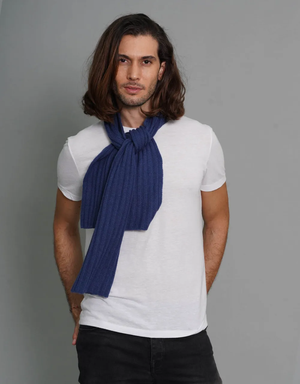 Small-Rib Cashmere Scarf in Prussian Blue