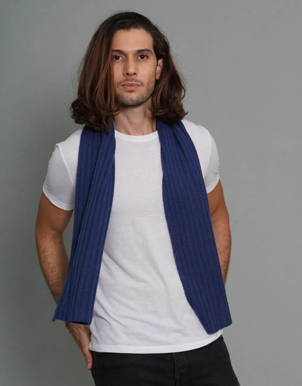 Small-Rib Cashmere Scarf in Prussian Blue