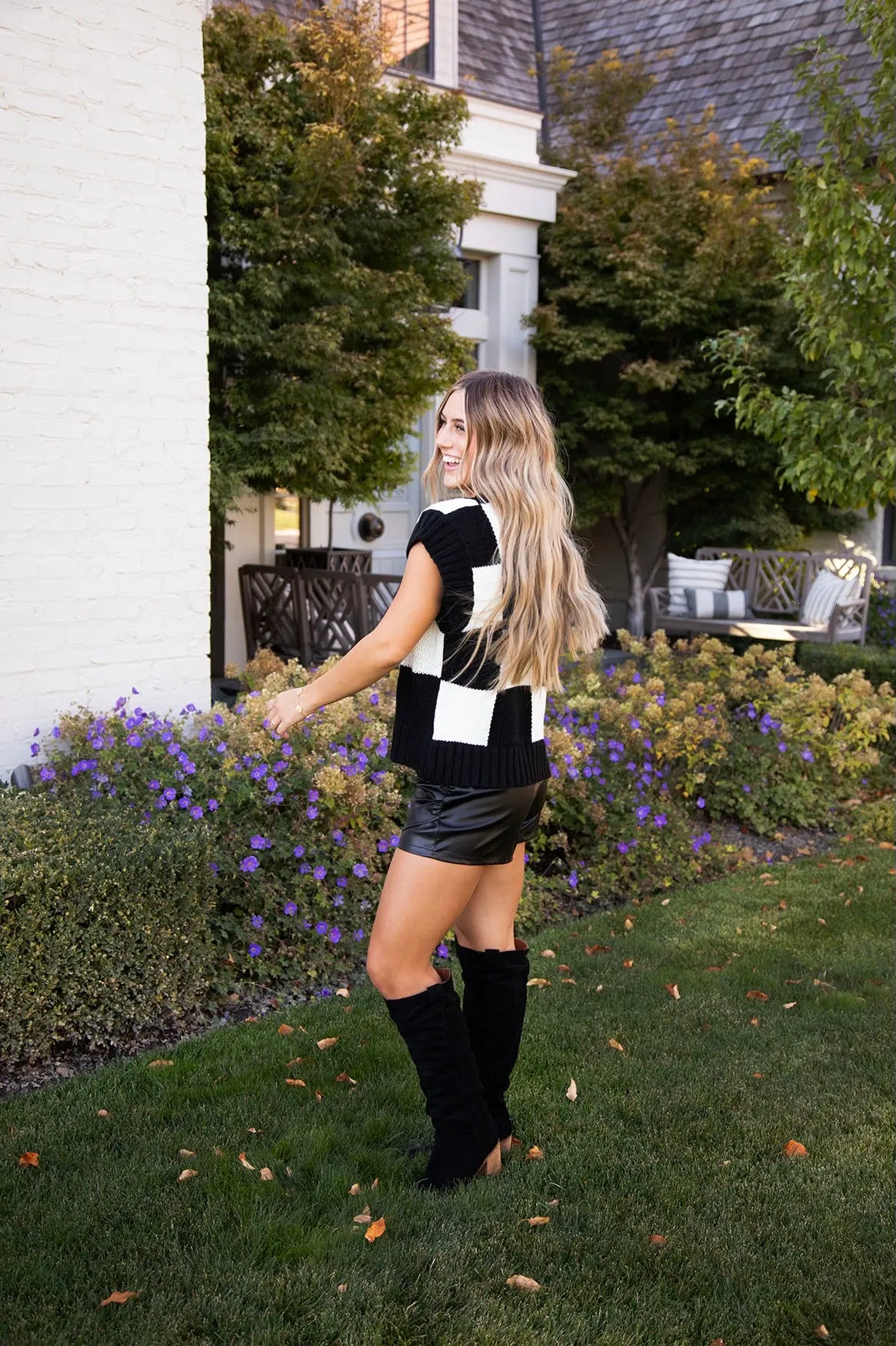 Sofia Checkered Knit Vest in Black