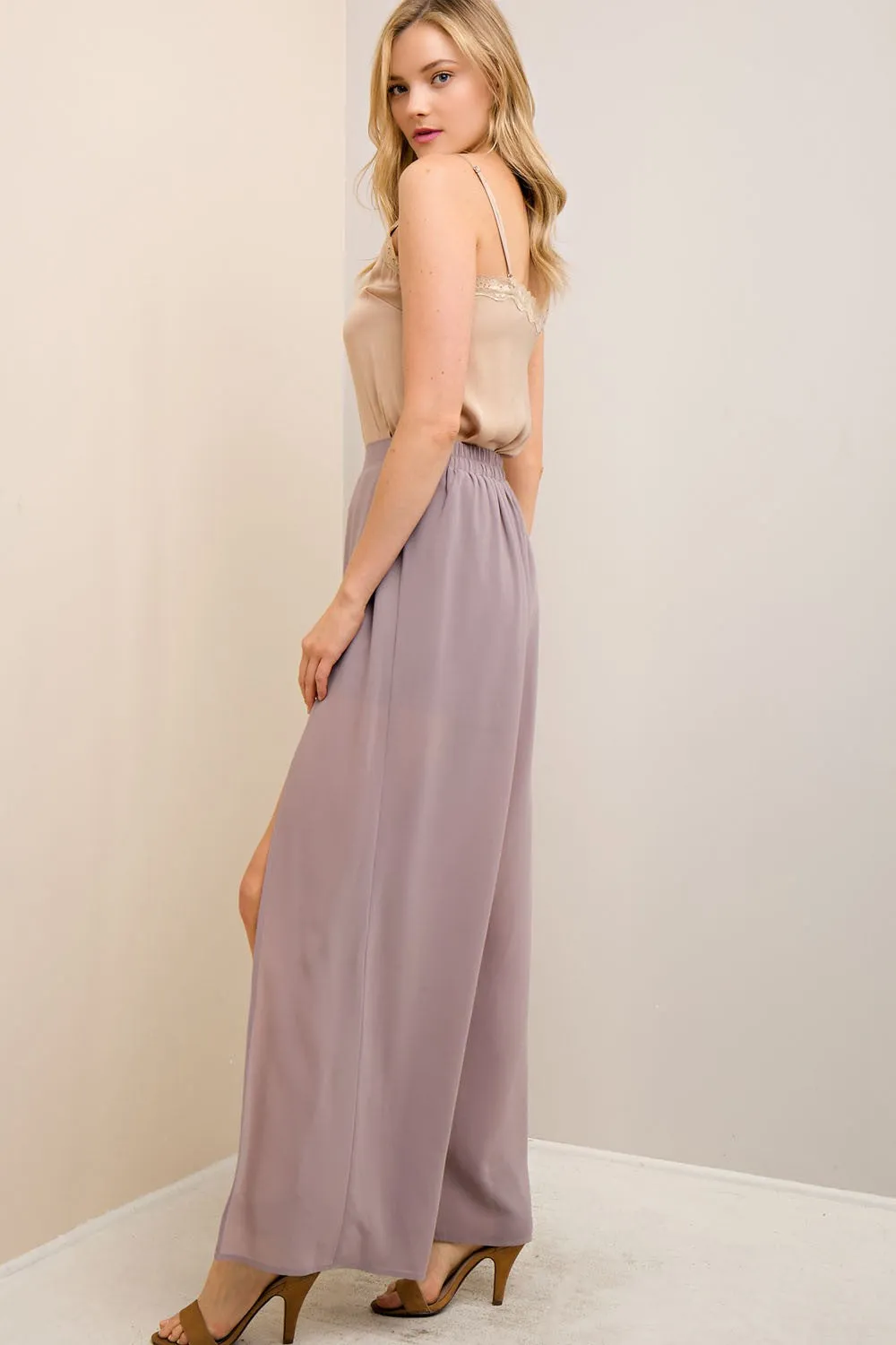 Solid Slit Maxi Pants, Lilac Grey