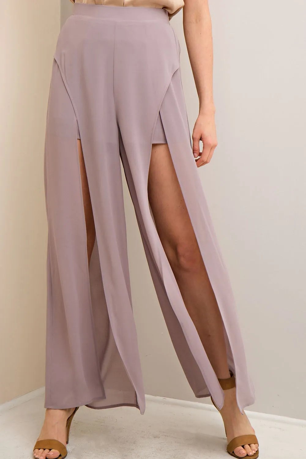 Solid Slit Maxi Pants, Lilac Grey