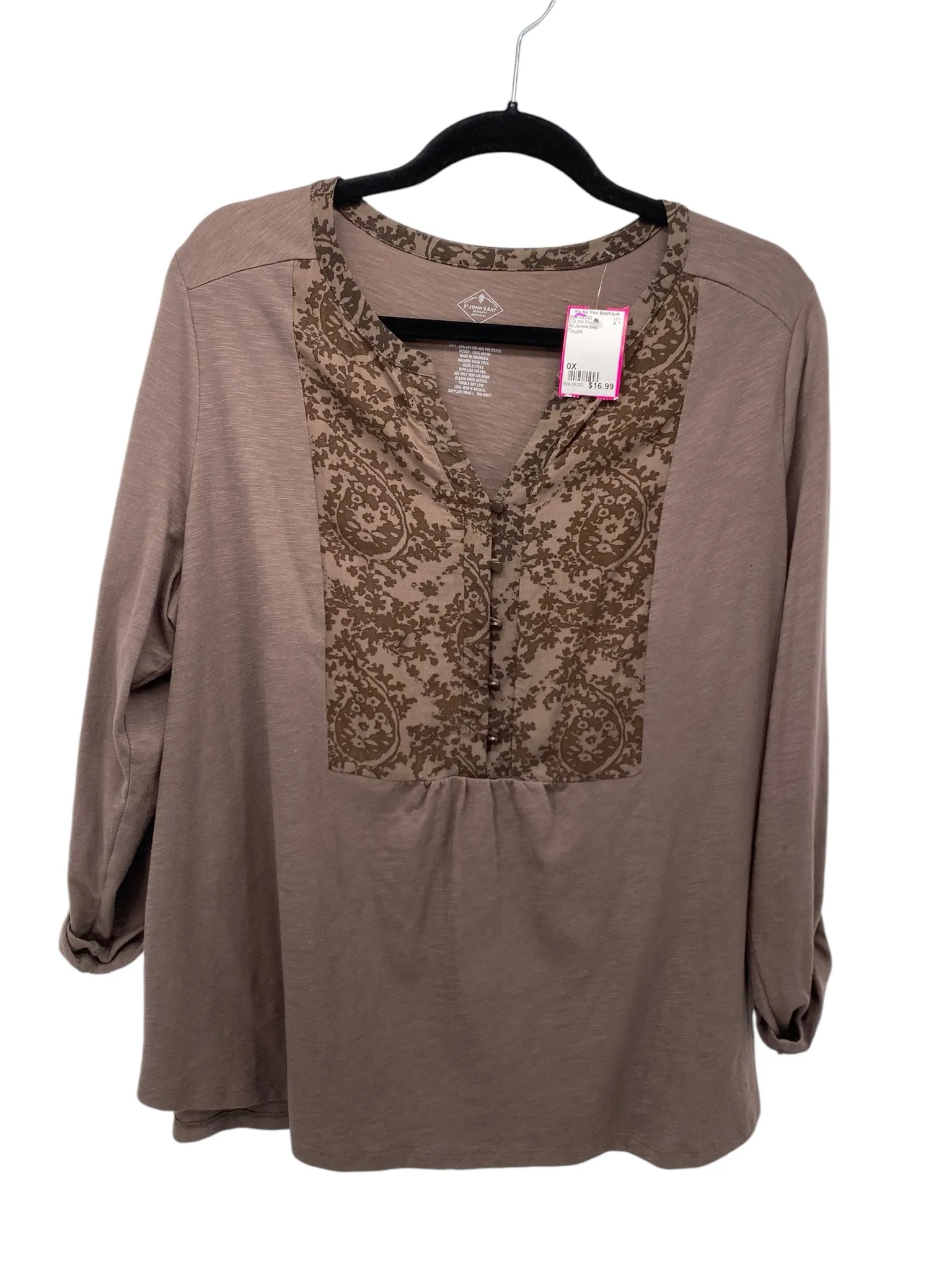 St Johns Bay Women Size 0X Taupe CD 3/4 Blouse