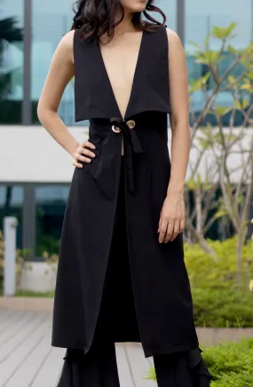 Tall Cut Louisa Longline Black Coat with Ring Tie