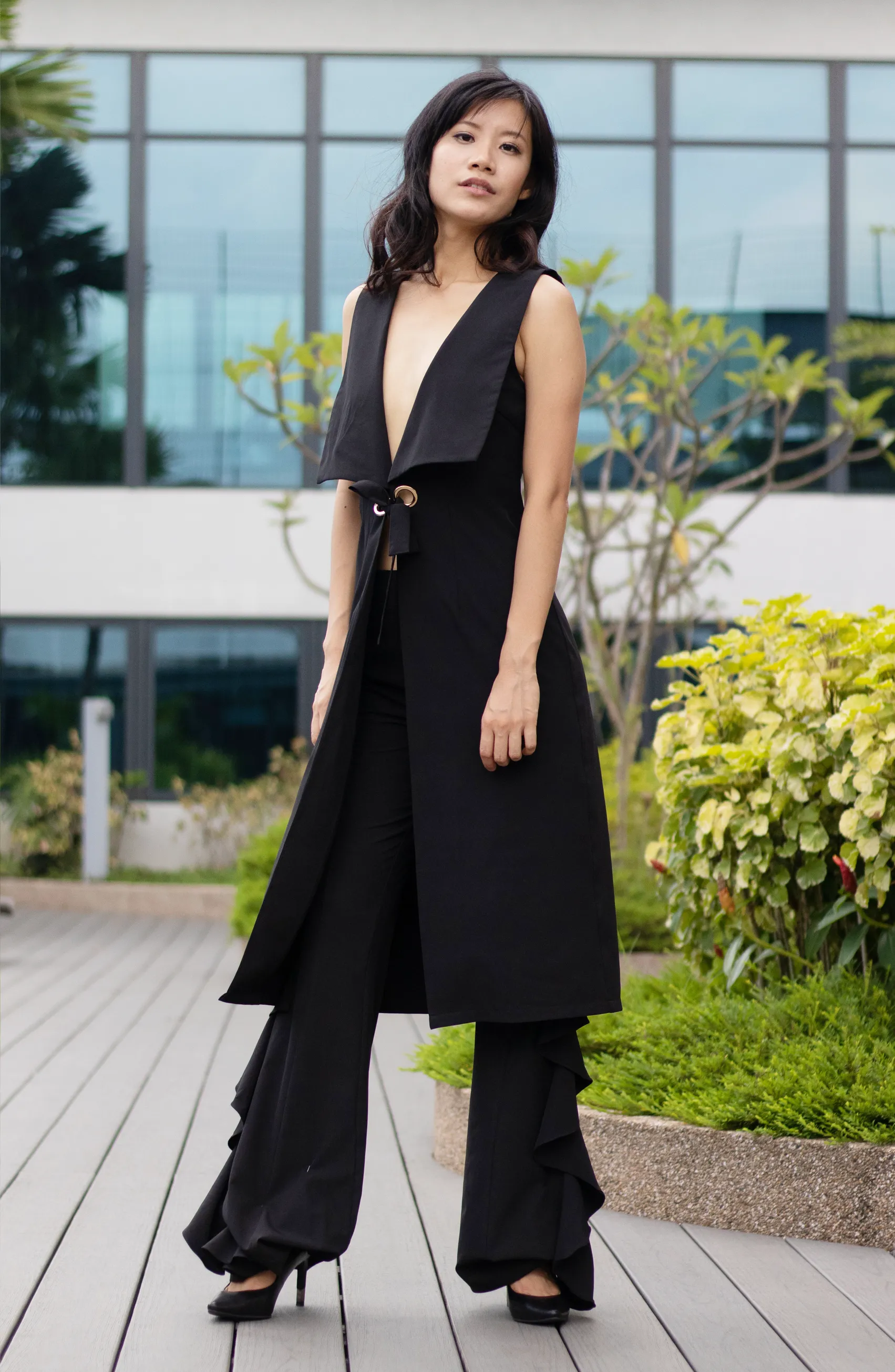 Tall Cut Louisa Longline Black Coat with Ring Tie