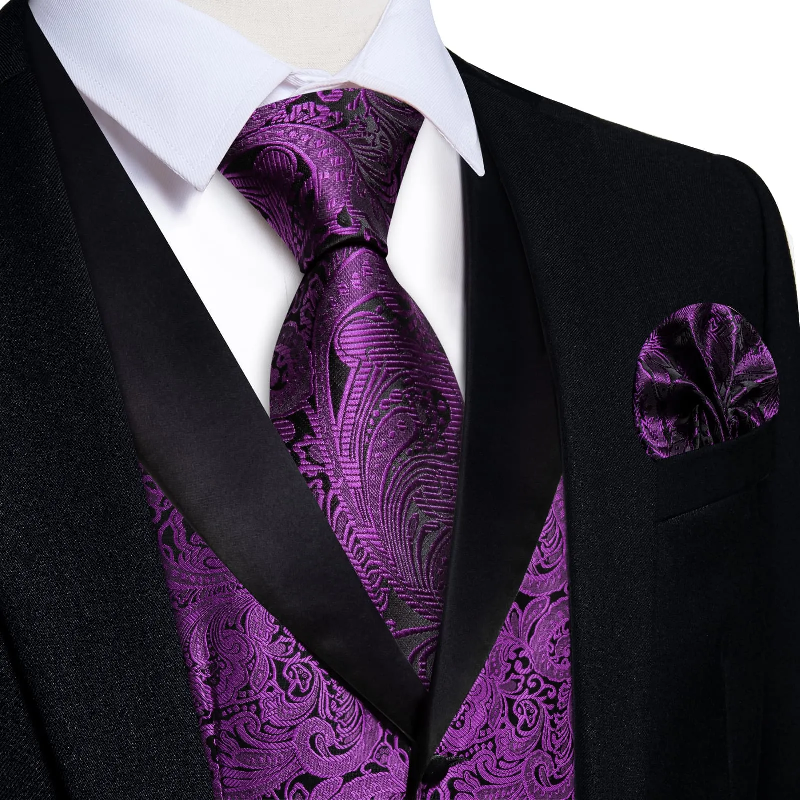 Ties2you Dress Vest Dark Purple Floral Shawl Collar Silk Mens Waistcoat Tie Set