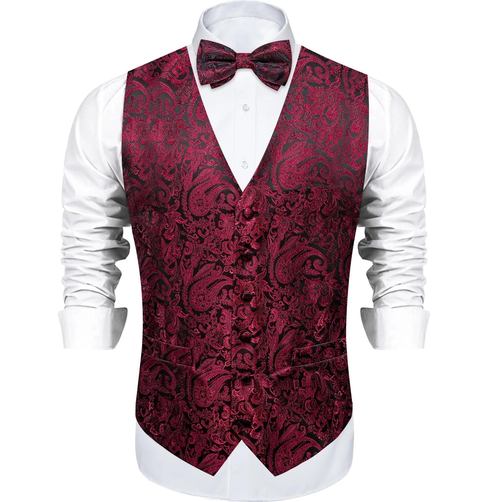 Ties2you Suit Vest Black Burgundy Paisley Silk Men's Vest Hanky Cufflinks Bow Tie Set