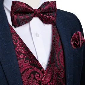 Ties2you Suit Vest Black Burgundy Paisley Silk Men's Vest Hanky Cufflinks Bow Tie Set