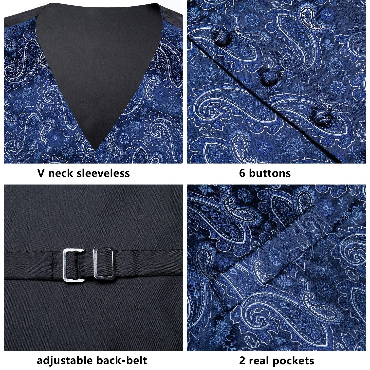 Ties2you Vest for Men Navy Blue Paisley Vest Tie Hanky Cufflinks Set Waistcoat Suit Set