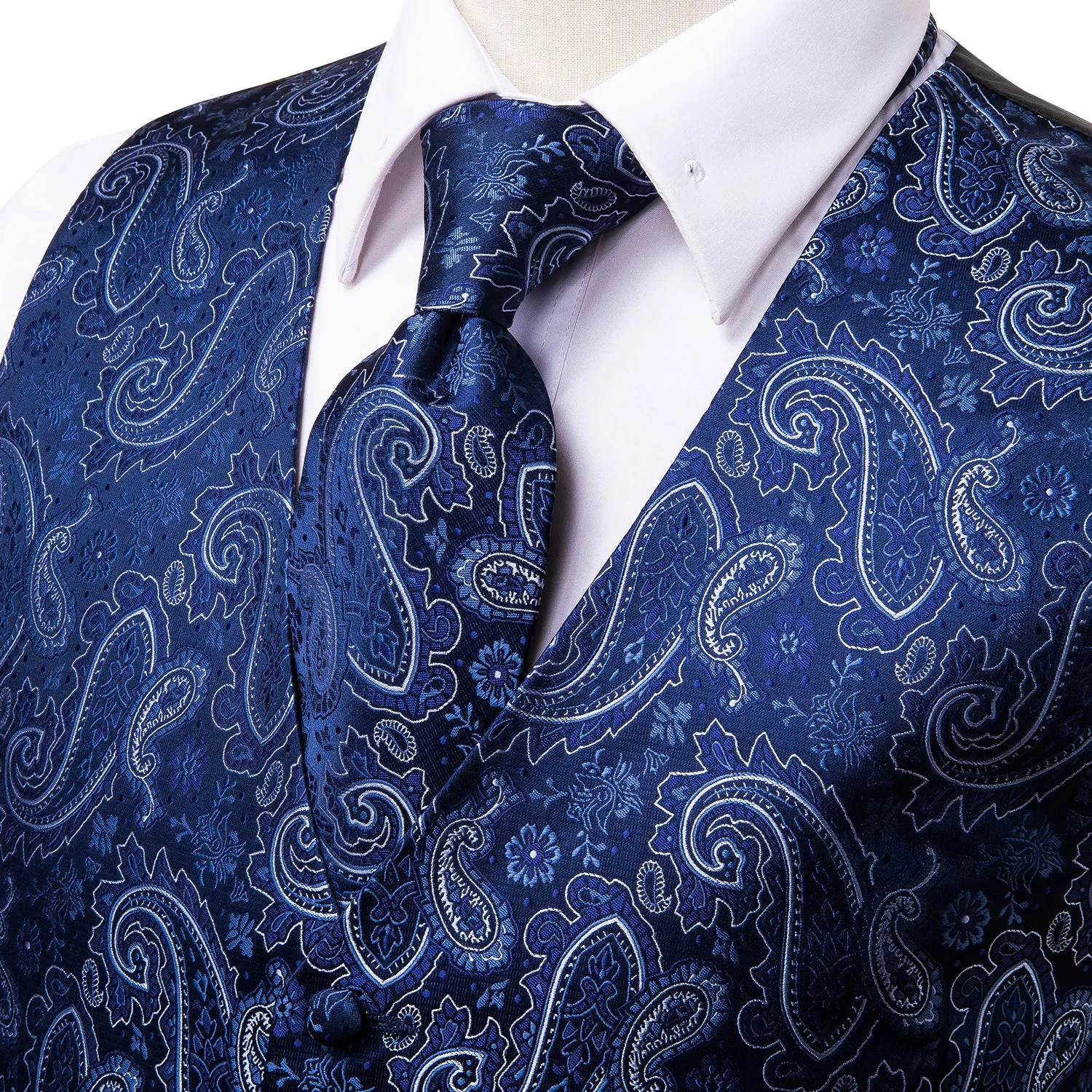 Ties2you Vest for Men Navy Blue Paisley Vest Tie Hanky Cufflinks Set Waistcoat Suit Set