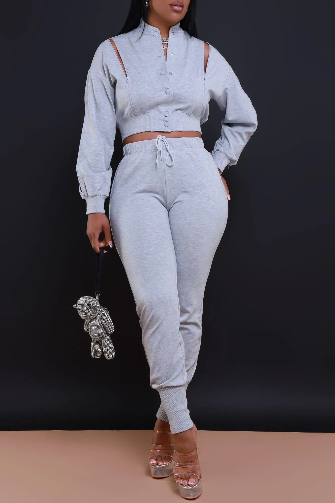 Top Priority Zippered Cropped Jogger Set - Heather Grey