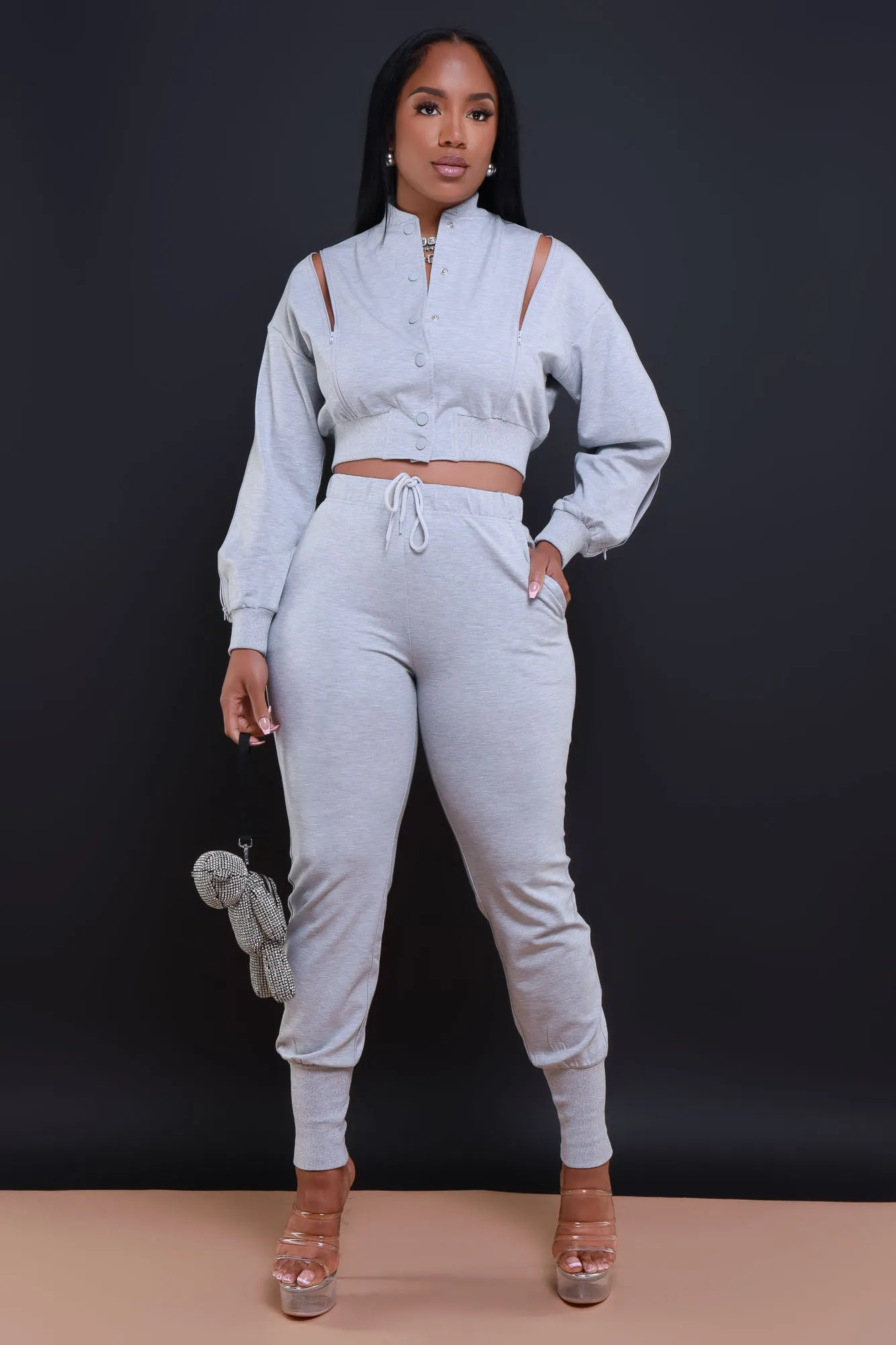 Top Priority Zippered Cropped Jogger Set - Heather Grey